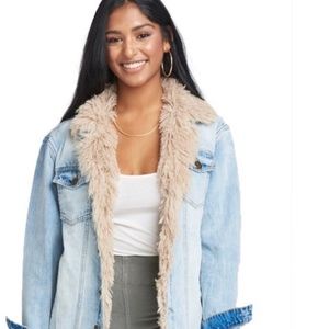 Show Me Your MuMu Light Wash Denim Jacket with Faux Fur Trim (Beige)